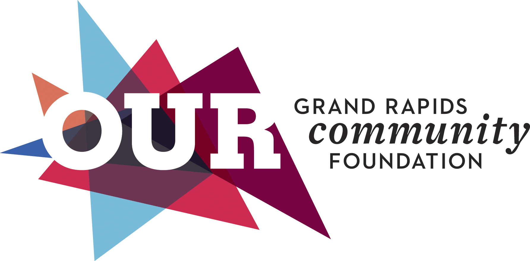 Abstract geometric shapes in blue, red, and purple form a background for the bold white text OUR. To the right, smaller black text says Grand Rapids Community Foundation.